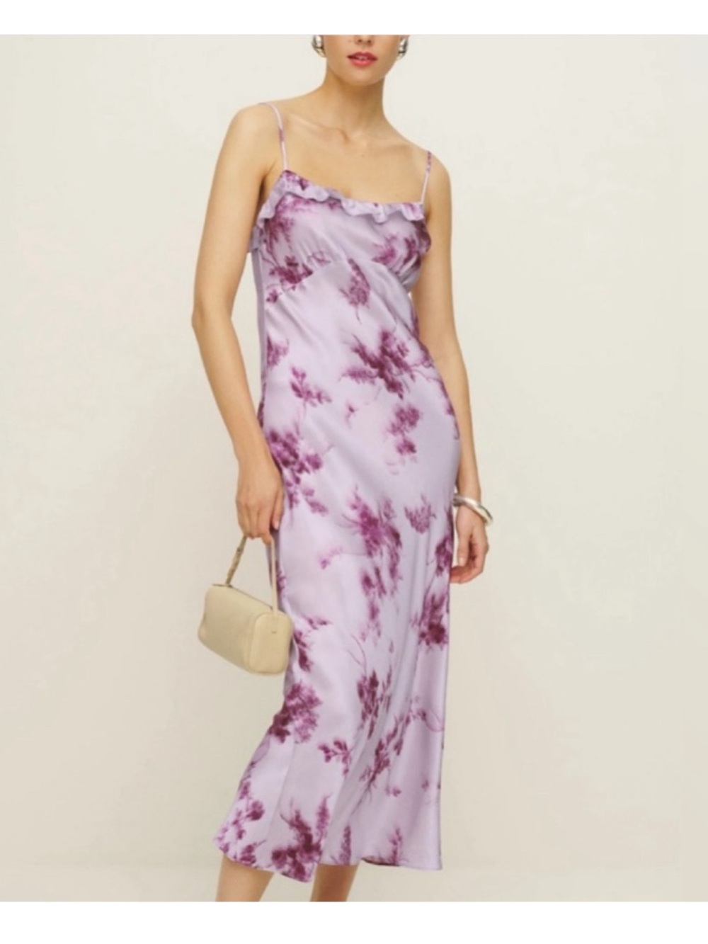 Reformation Silk Lilac Floral Slip Dress with Ruffle Trim